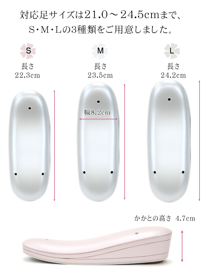 対応足サイズは21.0〜24.5cmまで、S・M・Lの３種類をご用意しました。